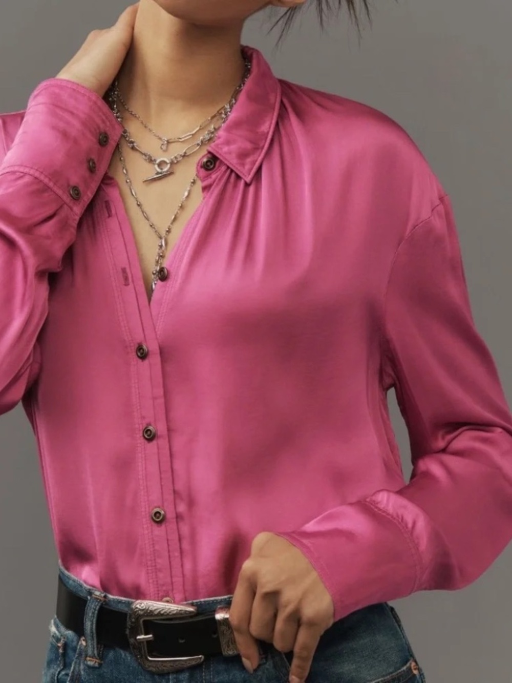 Anthropologie Pilcro Dark Pink Satin Button Down Shirt - Size XL